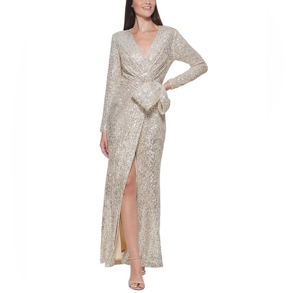 Eliza J Sequin Bow Deep V sequin long special occasion dress size 2 shoulder pad - Picture 4 of 4